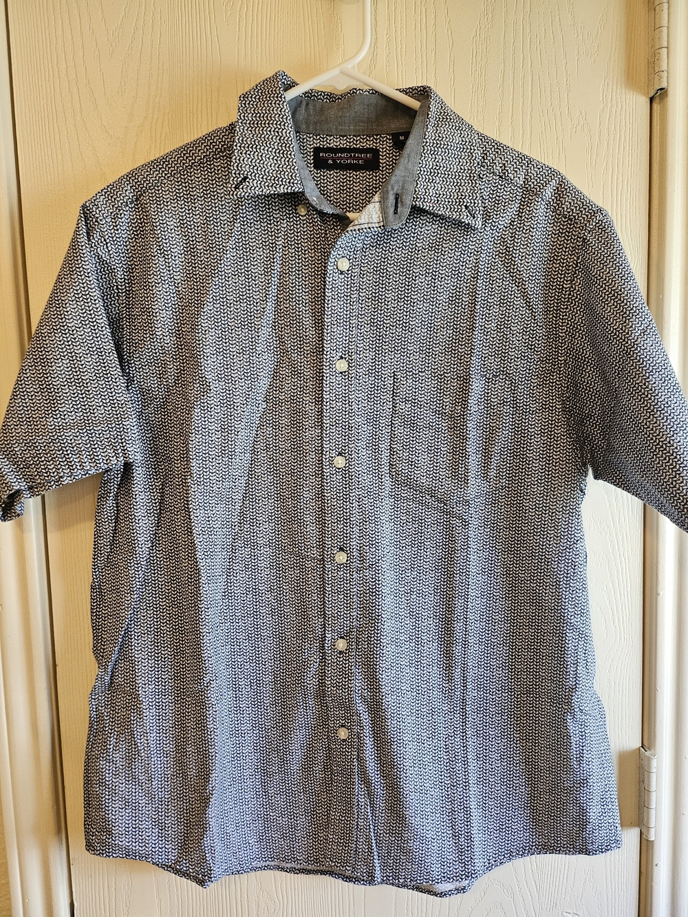 Roundtree & Yorke Men's Geometric Cotton Button-down Shirt Blue Short Sleeve M
